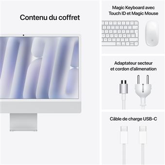 Apple iMac 24" écran retina Verre nano-texturé 4,5K 256Go SSD 16Go RAM Puce M4 CPU 10 coeur GPU 10 cœurs Argent