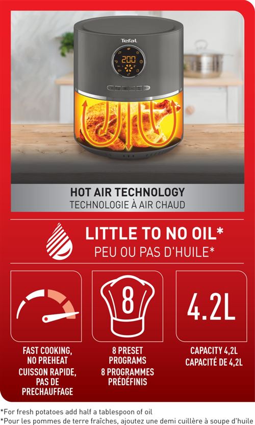 Tefal EY111B Ultra Fry – Friteuse Air Chaude 4,2L 1,2 Kg, 8 Programmes, Cuisson Saine Sans Huile, Écran Tactile