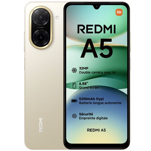 Smartphone Xiaomi Redmi A5 6,88"" Double nano SIM 128 Go Sandy Gold État correct -  reconditionné disponible sur Fnac