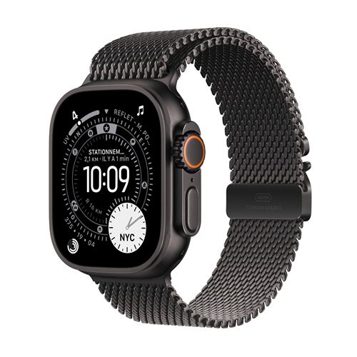 Apple Watch Ultra 3 GPS + Cellular 49mm Boitier en Titane Noir avec Bracelet Milanais en titane noir Small