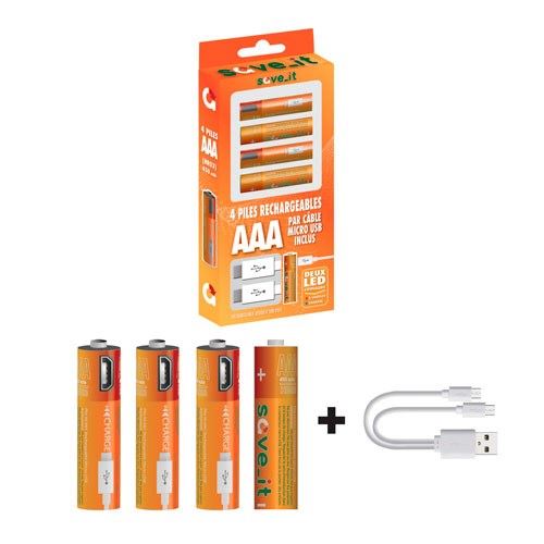 Pack de 4 piles AAA rechargeables USB Orange