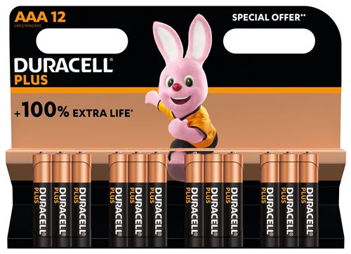 Pack de 12 piles alcalines AAA Duracell Plus 1.5V LR03 Noir