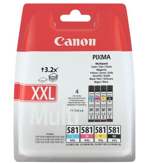 Pack Cartouches d'encre Canon CLI-581 XXL Noir, Cyan, Magenta, Jaune