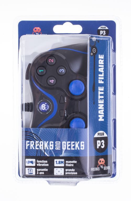 Manette PS3 Sans Fil Vibrante + Cable de recharge de 3M (bleu et noir) -  Freaks and Geeks