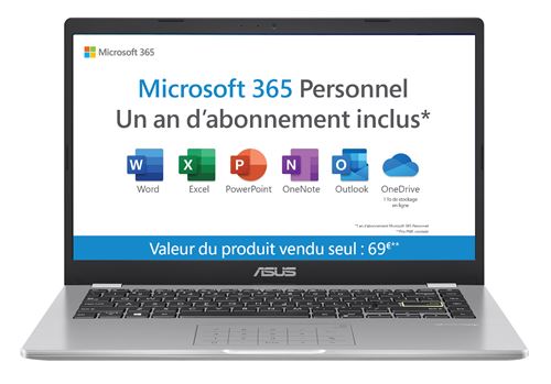 PC Ultra-Portable Asus E410MA-EK329TS 14 Intel Pentium Silver 4 Go RAM 64 Go eMMC Gris + Microsoft Office 365 Personnel (1 an)