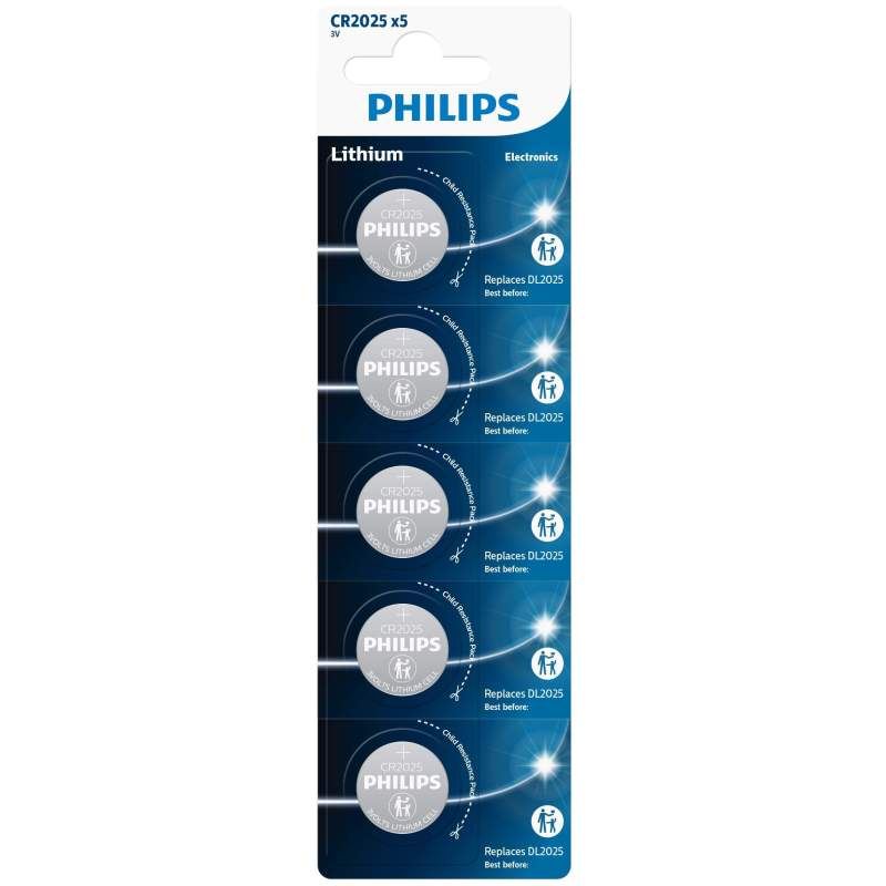Pack de 5 piles Philips CR2025 3V Argent - Piles