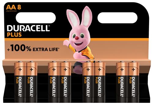 Pack de 8 piles alcalines Duracell Plus AA 1,5V LR06 Noir