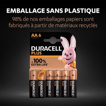 Pack de 6 piles alcalines AA Duracell Plus 1,5V LR06 Noir