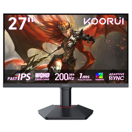 Ecran 27'' marque Koorui G2722P 2560x1440 IPS 200Hz 1200:1 1ms 350cdm² 2xHDMI Displayport AO VESA HDR 400 75x75 Pied HAS Ajustable haut Pivot Inclinable