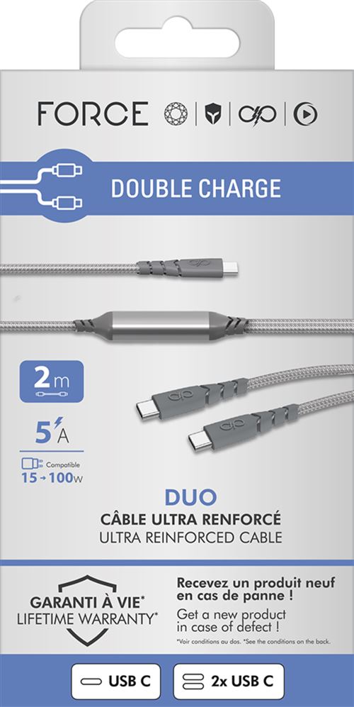 Câble Duo Ultra-renforcé USB C/USB C Force Power 100 W Gris + USB-C 2 m