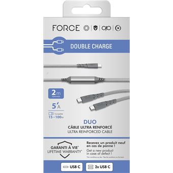 Câble Duo Ultra-renforcé USB C/USB C Force Power 100 W Gris + USB-C 2 m - 1