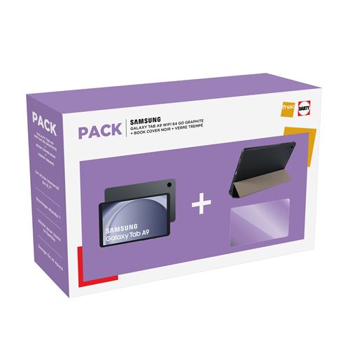 Pack Tablette Tactile Samsung Galaxy Tab A9 8,7 Wi-Fi 64 Go Graphite + Book Cover Noir + Verre trempé