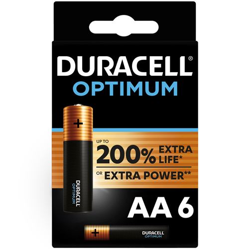 Pack de 6 piles Duracell Optimum AA 1,5 V LR06 Noir