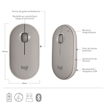 Logitech Pebble M350 Souris sans fil avec Bluetooth ou Recepteur 2.4 GHz, Silencieuse - Sand