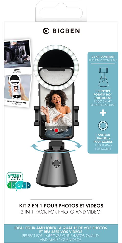 Kit Vlogging Support Rotatif avec Détecteur Mouvement 360° + Anneau LED pour Smartphone Bigben