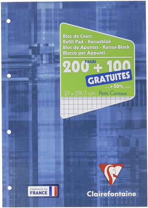 Bloc encoll&eacute; perf. grand c&ocirc;t&eacute; 21x29.7cm 200 pages + 100 gratuites 5x5