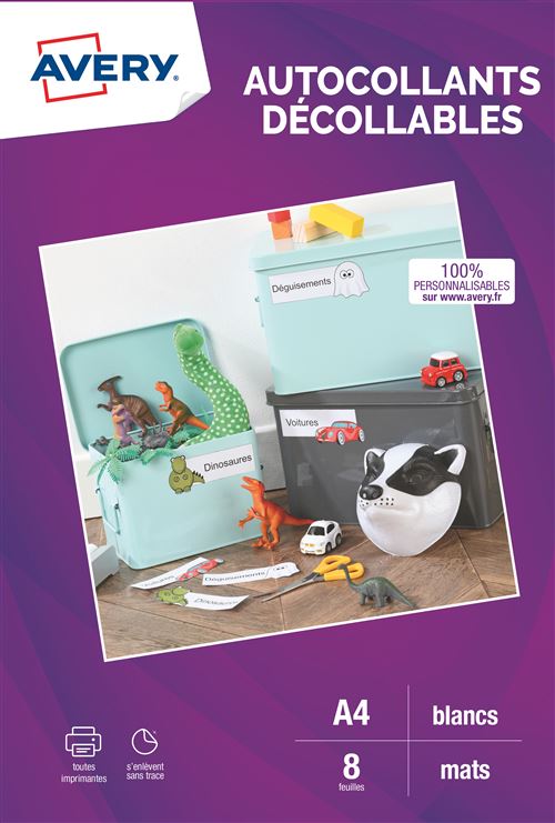 Pack de 8 feuilles autocollantes mates A4 Avery Dennison Blanc pour imprimantes jet d encre