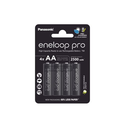 Pack de 4 piles rechargeables Panasonic eneloop pro BK-3HCDE LR06 AA Noir