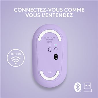 Logitech Pebble M350 Souris sans fil avec Bluetooth ou Recepteur 2.4 GHz, Silencieuse - Lavender Lemonade