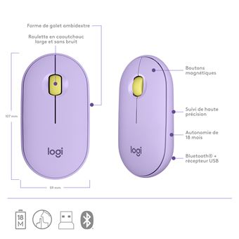 Logitech Pebble M350 Souris sans fil avec Bluetooth ou Recepteur 2.4 GHz, Silencieuse - Lavender Lemonade