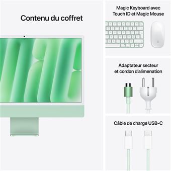Apple iMac 24" écran retina 4,5K 512Go SSD 24 Go RAM Puce M4 CPU 10 cœurs GPU 10 cœurs Vert