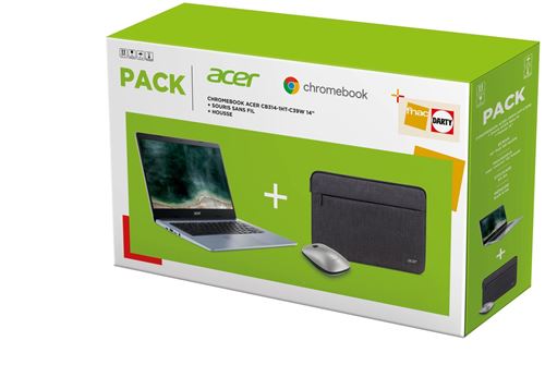 Pack Chromebook Acer Cb314-1Ht-C6Uf Ecran Tactile 14" Intel Celeron 8 Go Ram 64 Go Emmc Gris Argent + Souris Sans Fil + Housse