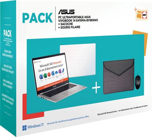 Pack PC Ultra-Portable Asus Vivobook E410MA-BV969WS 14" Intel Celeron 4 Go RAM 64 Go eMMC Blanc + Housse+  Souris filaire