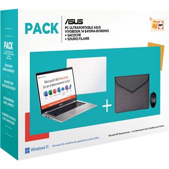 Pack PC Ultra-Portable Asus Vivobook E410MA-BV969WS 14" Intel Celeron 4 Go RAM 64 Go eMMC Blanc + Housse+ Souris filaire - 1