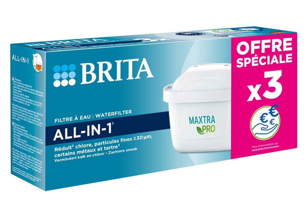 Distributeur d'eau Brita Flow avec 1 cartouche Maxtra Pro 1051126 Bleu +  Pack de 2 filtres à eau Brita Maxtra Pro All in 1 Blanc
