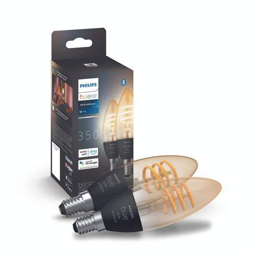 Pack de 2 ampoules connectées Philips Hue White Ambiance Filament flamme E14 Transparent