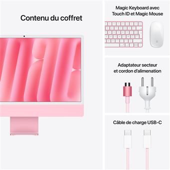 Apple iMac 24" écran retina 4,5K 512Go SSD 24 Go RAM Puce M4 CPU 10 cœurs GPU 10 cœurs Rose