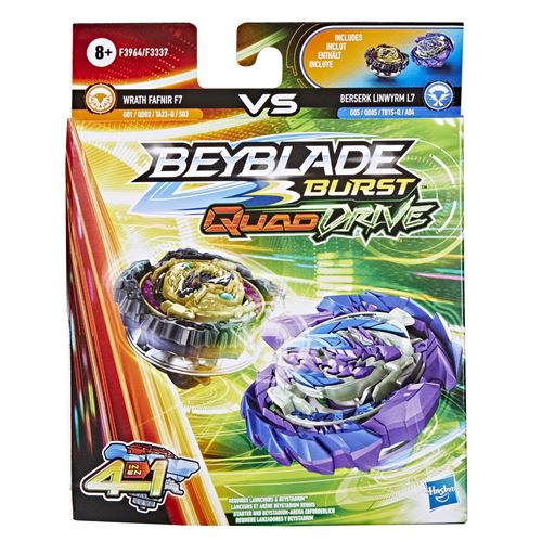 Pack de 2 toupies Beyblade Burst QuadDrive Berserk Linwyrm L7 Wrath Fafnir F7