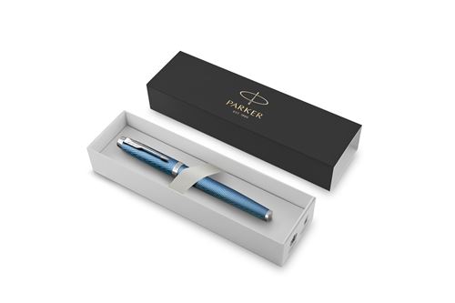 Stylo roller Parker IM Premium Bleu et Gris avec finition chrome pointe fine