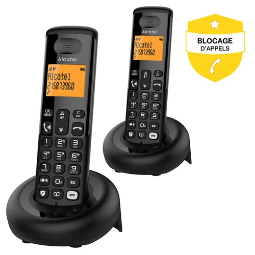 Téléphone Fixe Sans Fil Alcatel E260 S-Voice Duo avec Répondeur et Fonction Blocage Appels Publicitaires Noir