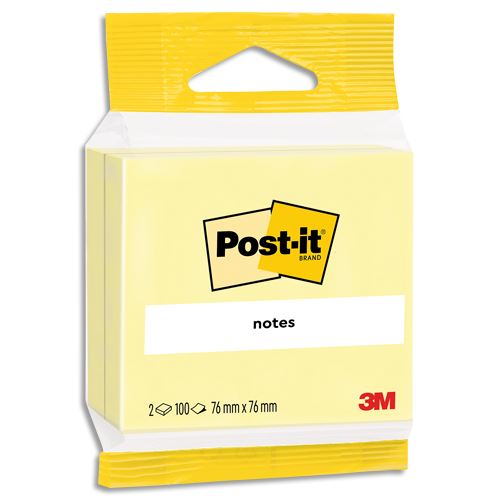 Sachet 2 blocs de 100 feuilles Post-It 7,6 x 7,6 cm Jaune
