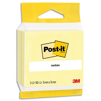 Sachet 2 blocs de 100 feuilles Post-It 7,6 x 7,6 cm Jaune