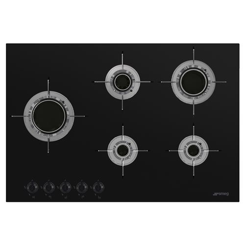 Smeg Table Gaz ''Dolce Stil Novo'', 75 Cm, Verre Ceramique Noir, Grilles Individuelles En Inox avec Revetements En Titane, Bruleurs A Flammes Annulaire Verticale avec Un Design Ultra-Plat, 5 Foyers Gaz, 1 Foyer Ultra-Rapide De 3500W, Tot 9600W
