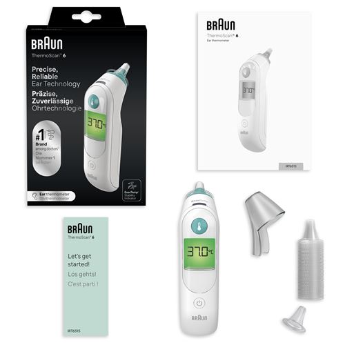 Braun Thermomètre Auriculaire ThermoScan 6 Précision Professionnelle, Écran Couleur, Simple, Éclairage de Nuit, tous les Membres de la Famille & BIT000CBEU Boitier de protection pour thermometre