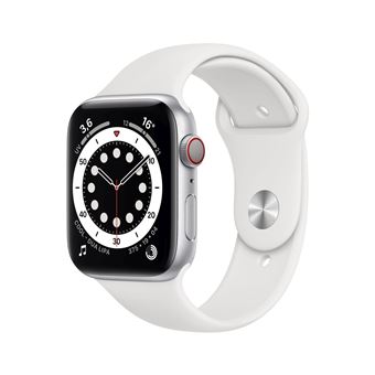 Apple Watch Series 6 GPS + Cellular, 44mm boitier aluminium argent avec bracelet sport blanc - 1