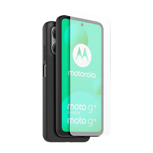 Coque arrière semi-rigide et Protège-écran en verre trempé Casr Noir et Transparent pour Motorola Moto G15 et G15 Power