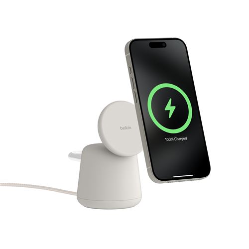 Belkin Boostcharge Pro 2-In-1 - Support De Chargement Sans Fil - Avec Qi2 + Adaptateur Secteur - 15 Watt - Fast Charge - Sable