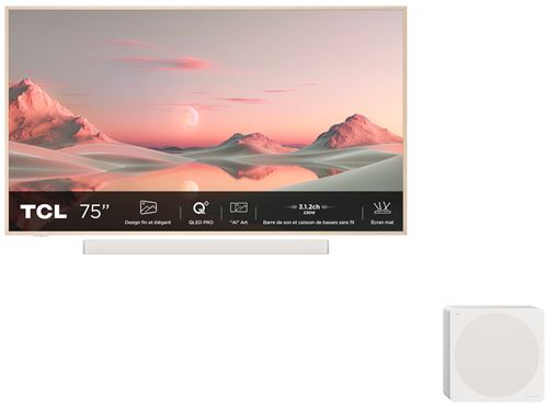 Pack TV QLED Pro TCL 75A300PRO NXTVISION 190 cm 4K UHD 2024 Aluminium brossé + Barre de son 3.1.2ch avec caisson de basses