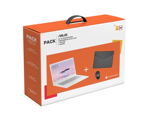 Pack Fnac ChromeBook Plus CX34 Asus CX3402CBA-MW0140 14" Ecran tactile Intel Core i3 8 Go RAM 128 Go SSD Blanc + Sacoche + Souris