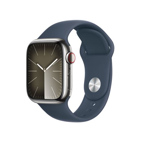 Apple Watch Series 9 GPS + Cellular Boîtier en Acier Inoxydable Argent de 41 mm avec Bracelet Sport Bleu Orage S/M