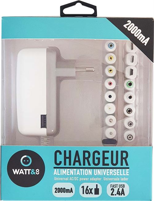 WATT&CO Chargeur universel 3000 mA avec 16 fiches + USB - 2000mA