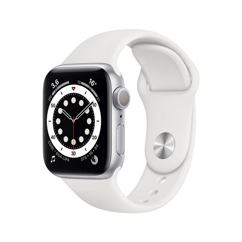 Apple Watch Series 6 GPS, 40 mm kast van zilverkleurig aluminium met witte sportband