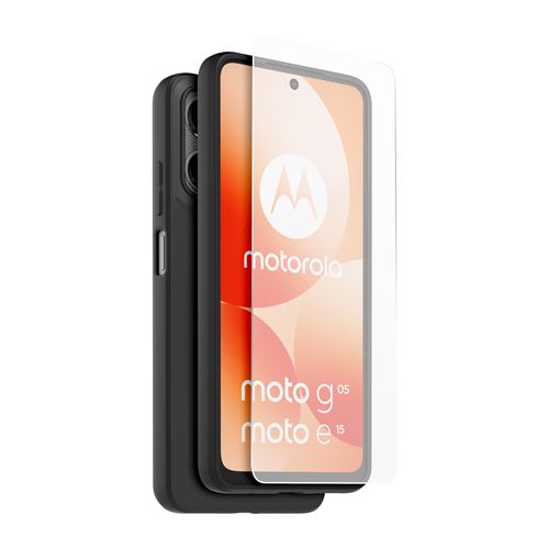 Coque arrière semi-rigide et Protège-écran en verre trempé Casr Noir et Transparent pour Motorola Moto E15 et G05