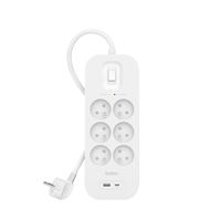 Multiprise parafoudre 6 prises avec 1 port USB-A et 1 port USB-C Belkin SurgePlus 18 W Blanc