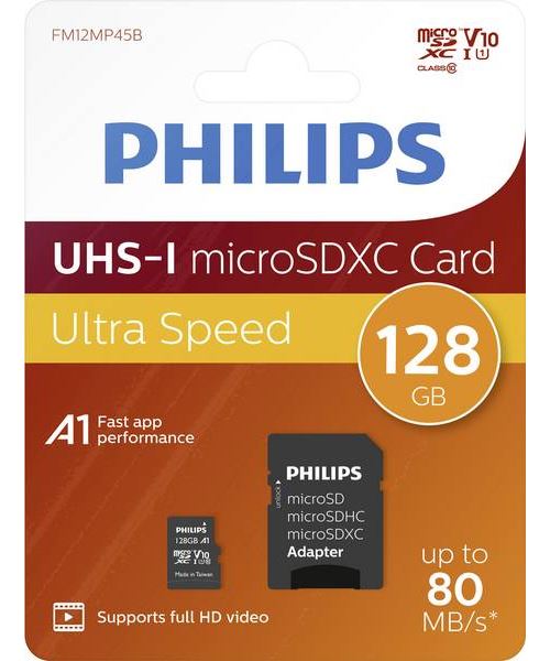 Carte mémoire Philips UHS-I 128 Go Classe 10 Noir avec Adaptateur microSD, microSDHC et microSDXC