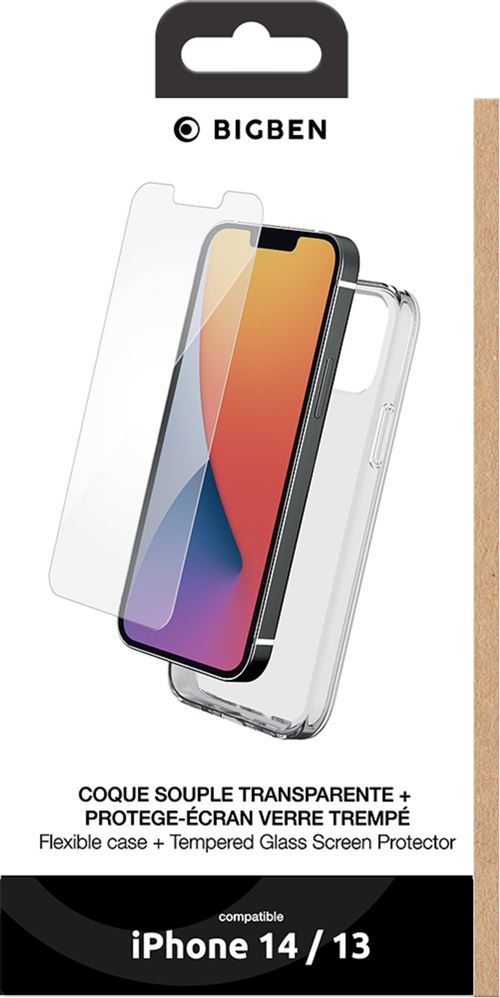 Pack 2 en 1 BigBen Connected Coque souple en silicone Transparent + Protège écran en verre trempé Transparent pour iPhone 13 et iPhone 14